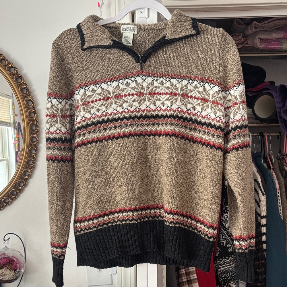 Eddie Bauer Men's Brown Zip-Up Sweater with Black and Red Pattern